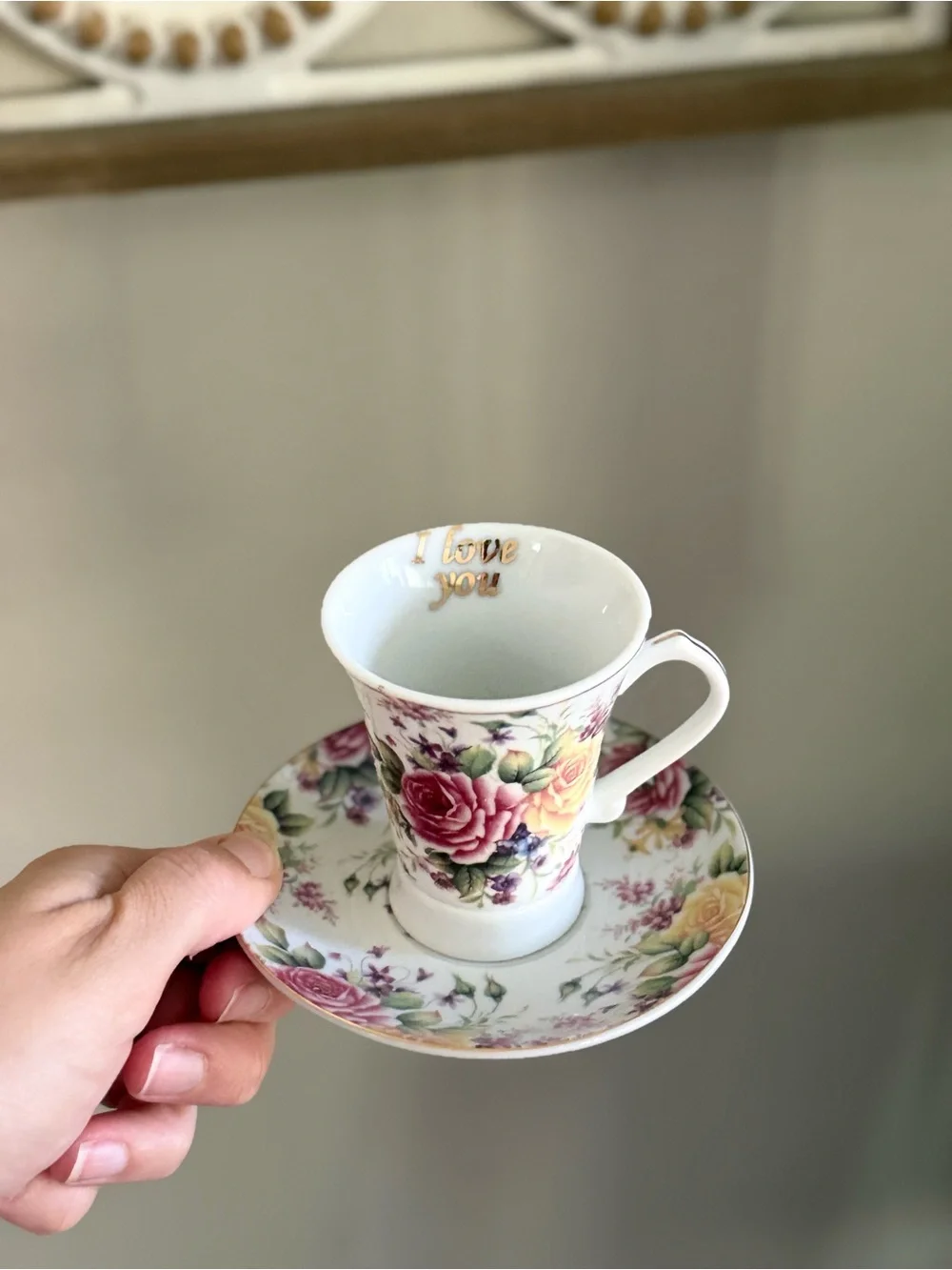 Vintage Floral Demitasse Cup and Saucer in White with Pink and Yellow Roses